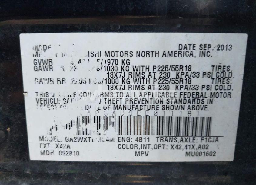 Photo 9 of 2014 Mitsubishi Outlander SPORT ES (VIN 4A4AP3AU9EE011181)