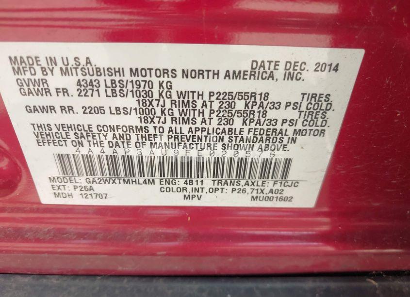 Photo 9 of 2015 Mitsubishi Outlander SPORT ES (VIN 4A4AP3AU9FE020576)