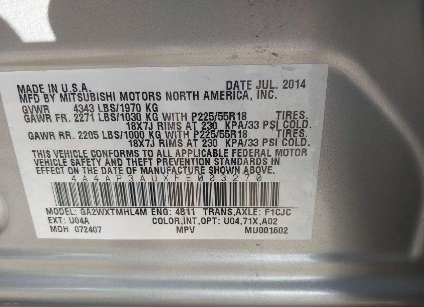 Photo 9 of 2015 Mitsubishi Outlander SPORT ES (VIN 4A4AP3AUXFE003270)