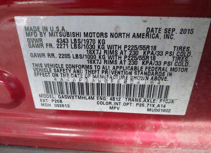 Photo 9 of 2015 Mitsubishi Outlander SPORT ES (VIN 4A4AP3AW0FE054164)