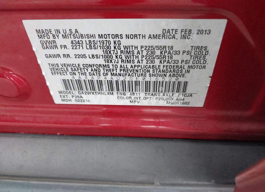 Photo 9 of 2013 Mitsubishi Outlander SPORT SE (VIN 4A4AP4AU2DE016520)