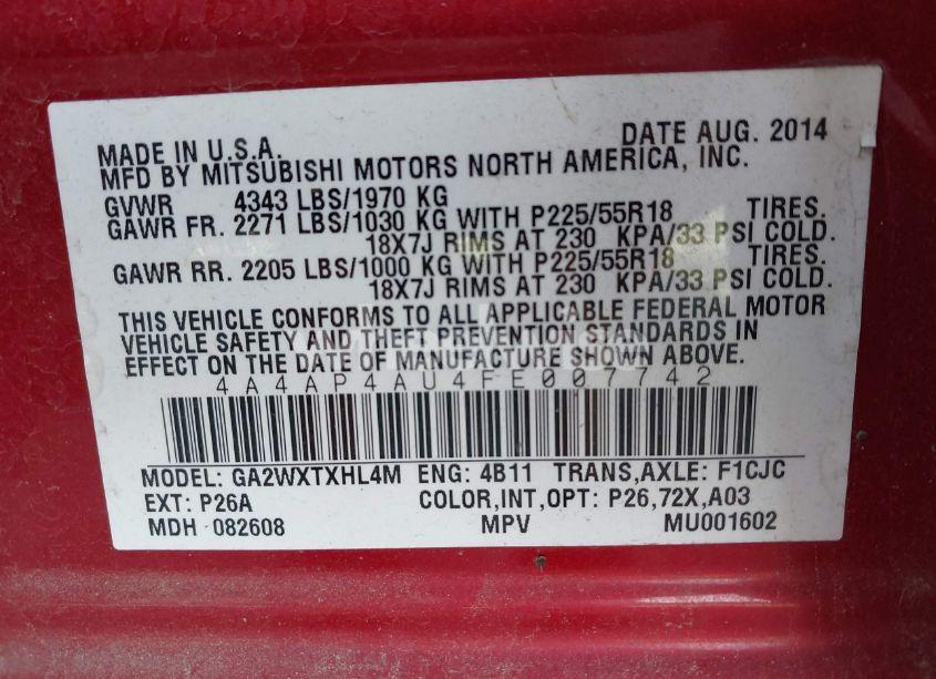 Photo 9 of 2015 Mitsubishi Outlander SPORT SE (VIN 4A4AP4AU4FE007742)