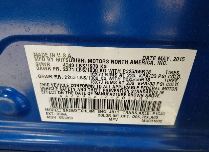 Photo 9 of 2015 Mitsubishi Outlander SPORT SE (VIN 4A4AP4AU4FE036027)