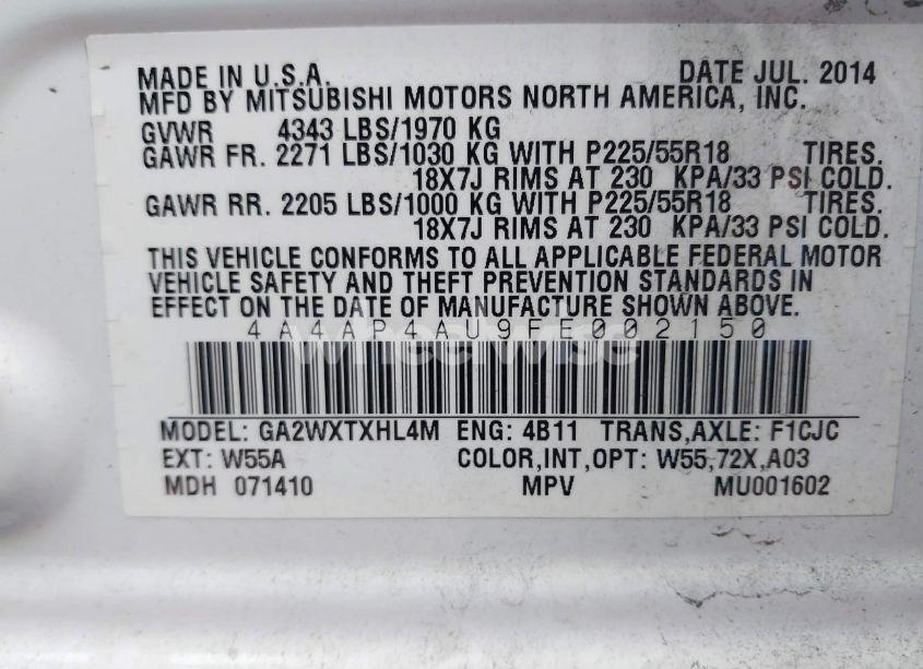 Photo 9 of 2015 Mitsubishi Outlander SPORT SE (VIN 4A4AP4AU9FE002150)