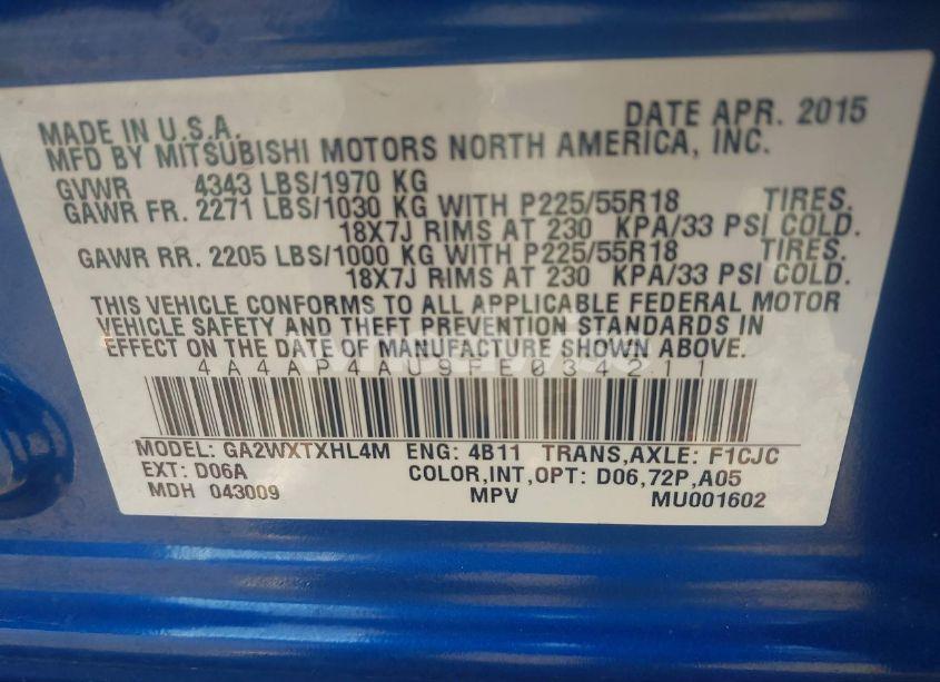 Photo 9 of 2015 Mitsubishi Outlander SPORT SE (VIN 4A4AP4AU9FE034211)