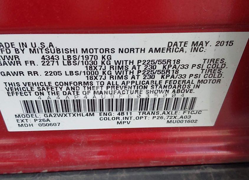 Photo 9 of 2015 Mitsubishi Outlander SPORT SE (VIN 4A4AP4AU9FE035004)