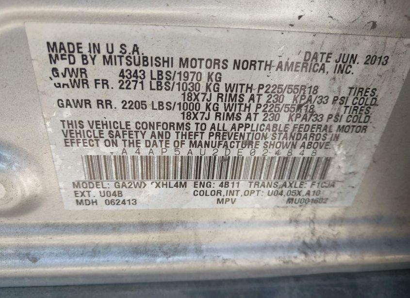 Photo 9 of 2013 Mitsubishi Outlander SPORT LE (VIN 4A4AP5AU2DE024848)