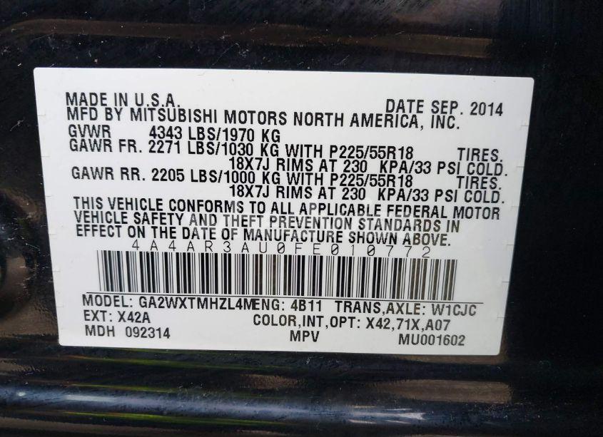 Photo 9 of 2015 Mitsubishi Outlander SPORT ES (VIN 4A4AR3AU0FE010772)