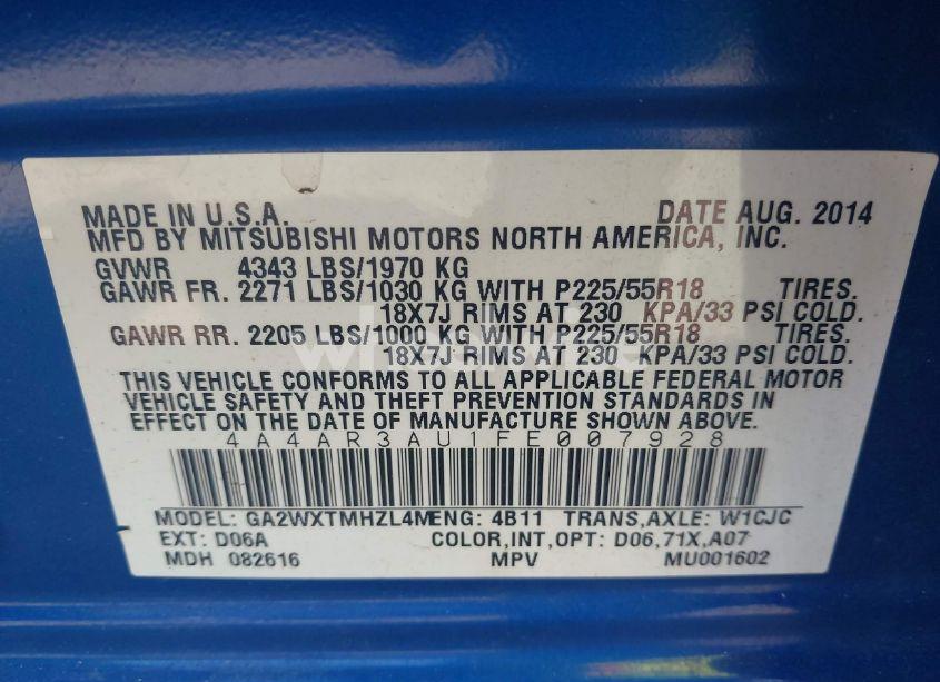 Photo 9 of 2015 Mitsubishi Outlander SPORT ES (VIN 4A4AR3AU1FE007928)