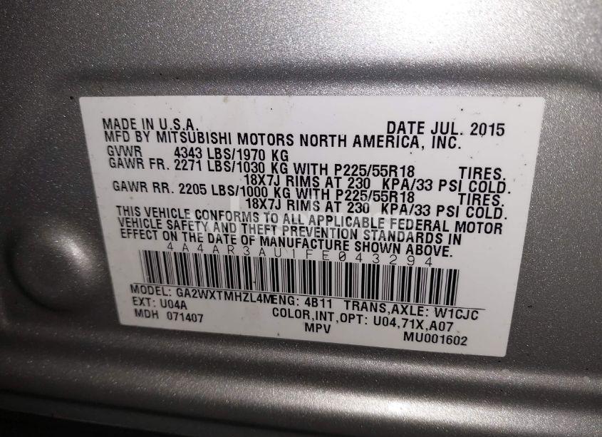 Photo 9 of 2015 Mitsubishi Outlander SPORT ES (VIN 4A4AR3AU1FE043294)