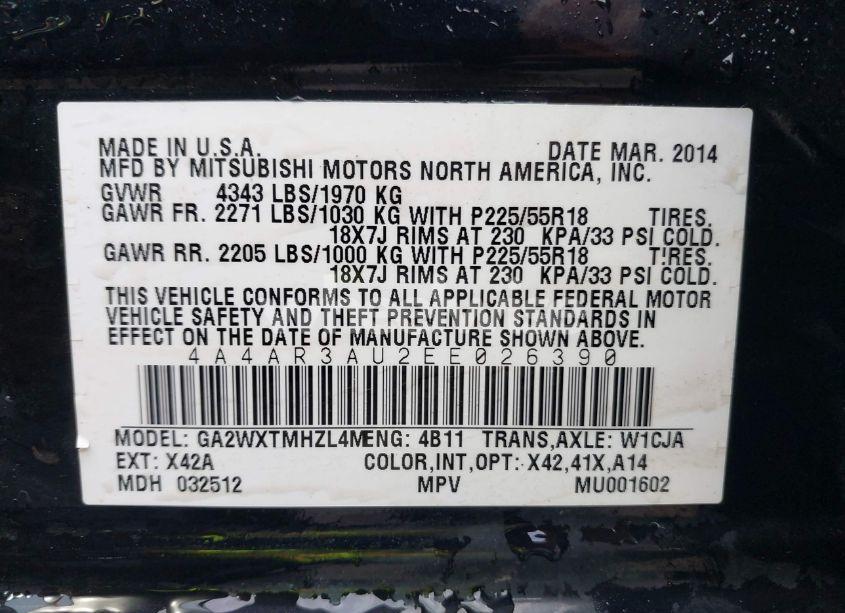 Photo 9 of 2014 Mitsubishi Outlander SPORT ES (VIN 4A4AR3AU2EE026390)