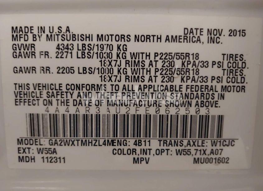 Photo 9 of 2015 Mitsubishi Outlander SPORT ES (VIN 4A4AR3AU2FE062503)