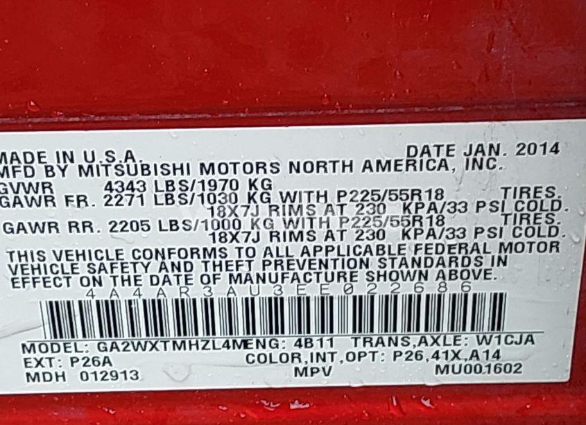 Photo 9 of 2014 Mitsubishi Outlander SPORT ES (VIN 4A4AR3AU3EE022686)