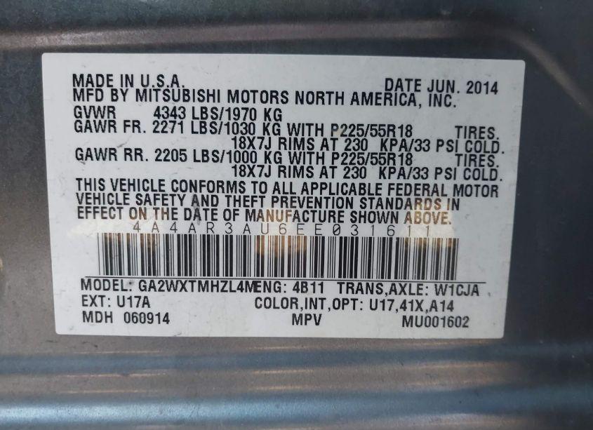 Photo 9 of 2014 Mitsubishi Outlander SPORT ES (VIN 4A4AR3AU6EE031611)