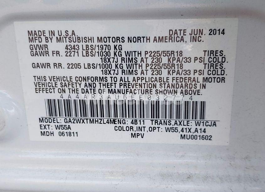 Photo 9 of 2014 Mitsubishi Outlander SPORT ES (VIN 4A4AR3AU6EE032774)