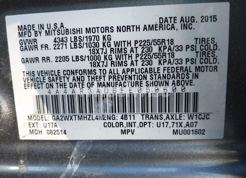 Photo 9 of 2015 Mitsubishi Outlander SPORT ES (VIN 4A4AR3AU6FE050600)