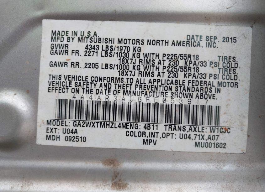 Photo 9 of 2015 Mitsubishi Outlander SPORT ES (VIN 4A4AR3AU6FE053917)