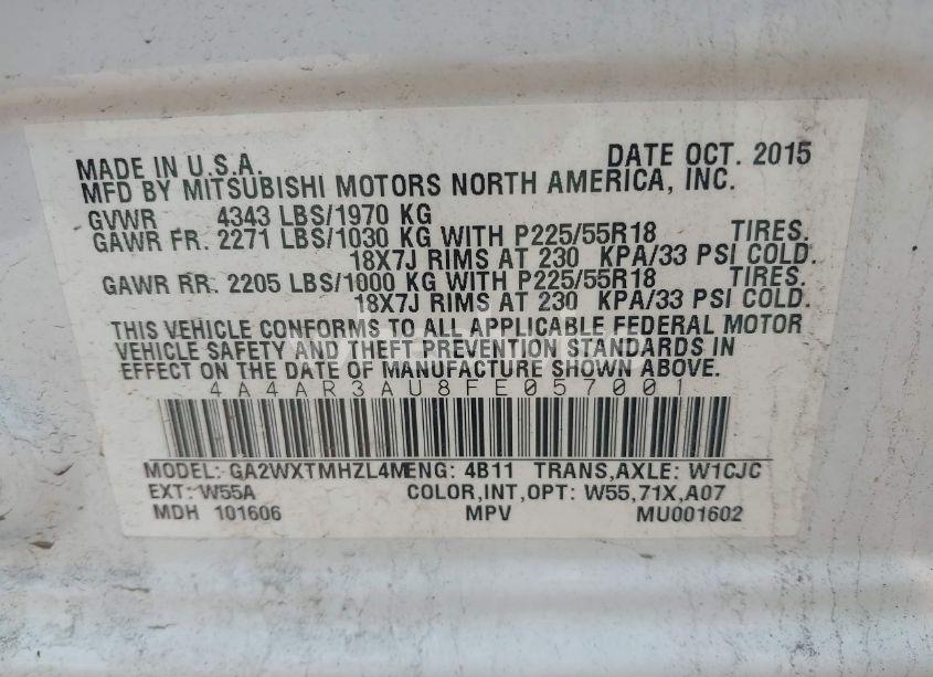 Photo 9 of 2015 Mitsubishi Outlander SPORT ES (VIN 4A4AR3AU8FE057001)