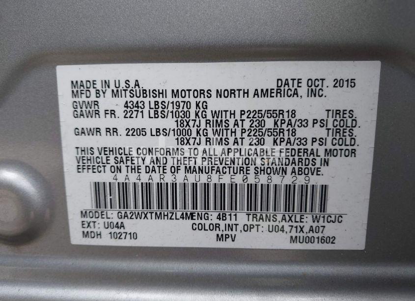 Photo 9 of 2015 Mitsubishi Outlander SPORT ES (VIN 4A4AR3AU8FE058729)