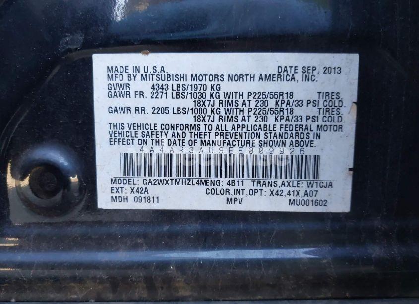 Photo 9 of 2014 Mitsubishi Outlander SPORT ES (VIN 4A4AR3AU9EE009926)