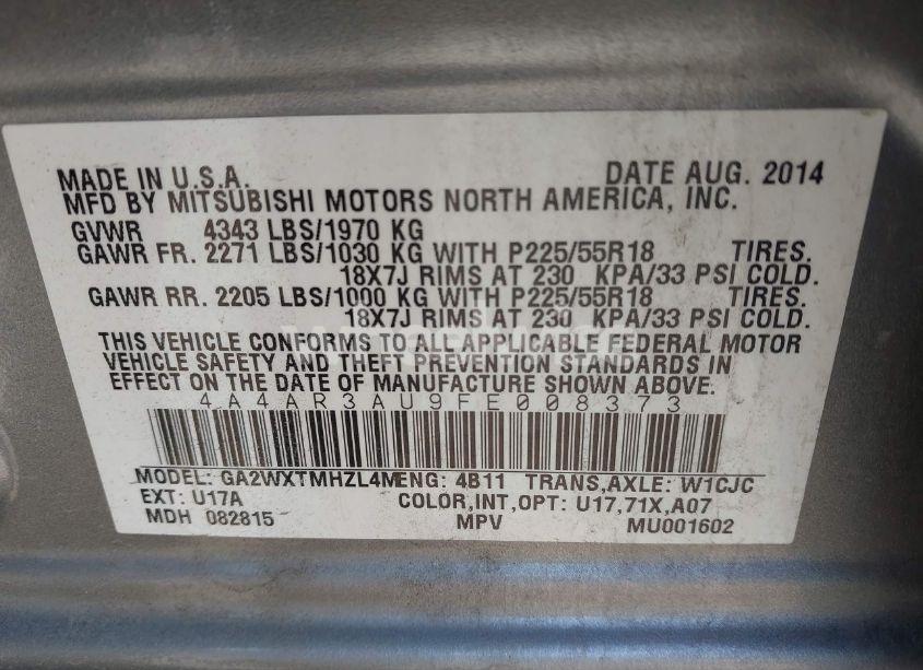 Photo 9 of 2015 Mitsubishi Outlander SPORT ES (VIN 4A4AR3AU9FE008373)