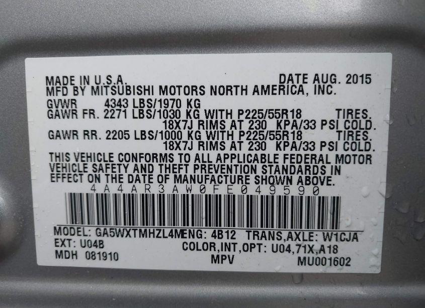 Photo 9 of 2015 Mitsubishi Outlander SPORT ES (VIN 4A4AR3AW0FE049590)