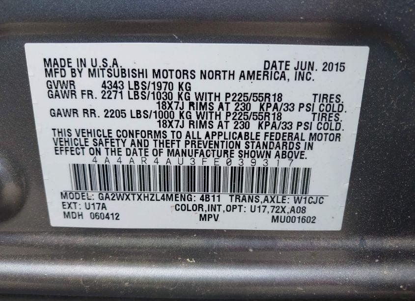 Photo 9 of 2015 Mitsubishi Outlander SPORT SE (VIN 4A4AR4AU3FE039317)
