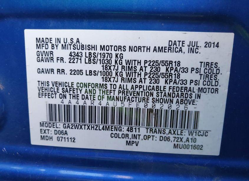 Photo 9 of 2015 Mitsubishi Outlander SPORT SE (VIN 4A4AR4AU5FE002026)