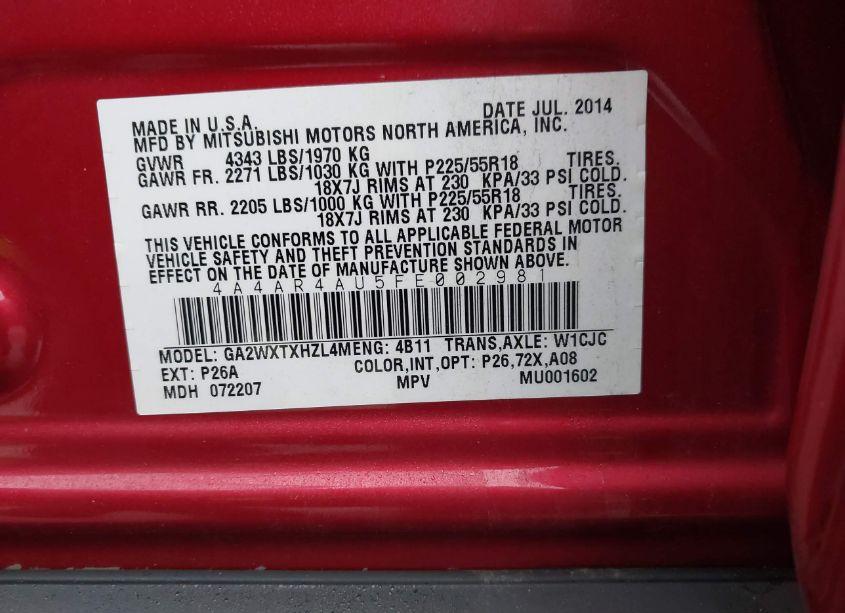 Photo 9 of 2015 Mitsubishi Outlander SPORT SE (VIN 4A4AR4AU5FE002981)