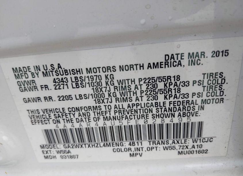 Photo 9 of 2015 Mitsubishi Outlander SPORT SE (VIN 4A4AR4AU5FE028495)