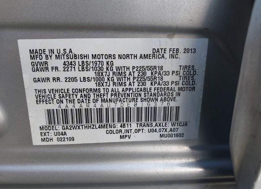 Photo 9 of 2013 Mitsubishi Outlander SPORT SE (VIN 4A4AR4AU7DE016376)