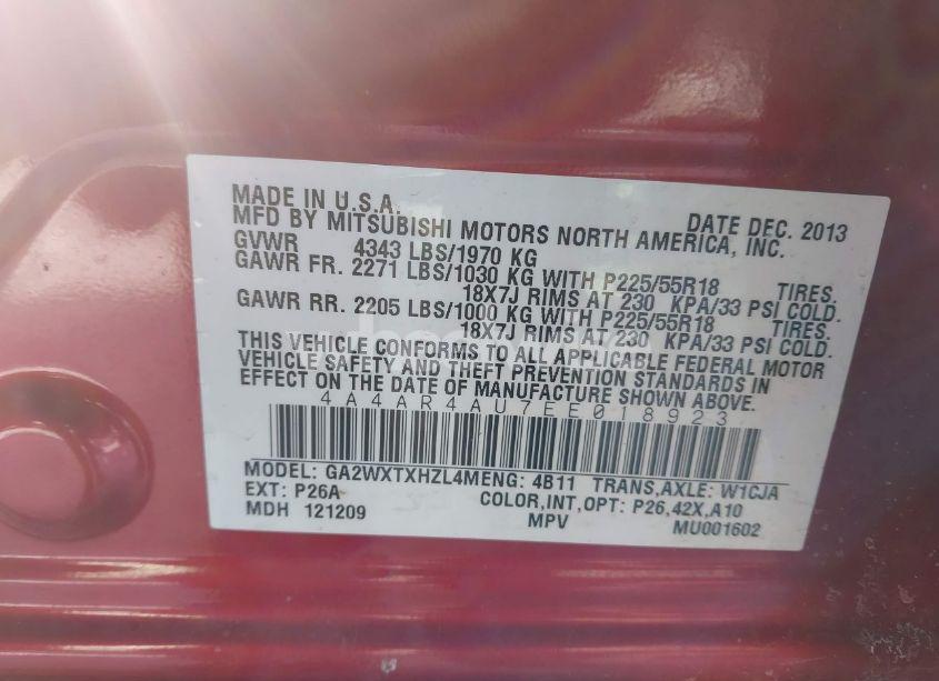 Photo 9 of 2014 Mitsubishi Outlander SPORT SE (VIN 4A4AR4AU7EE018923)