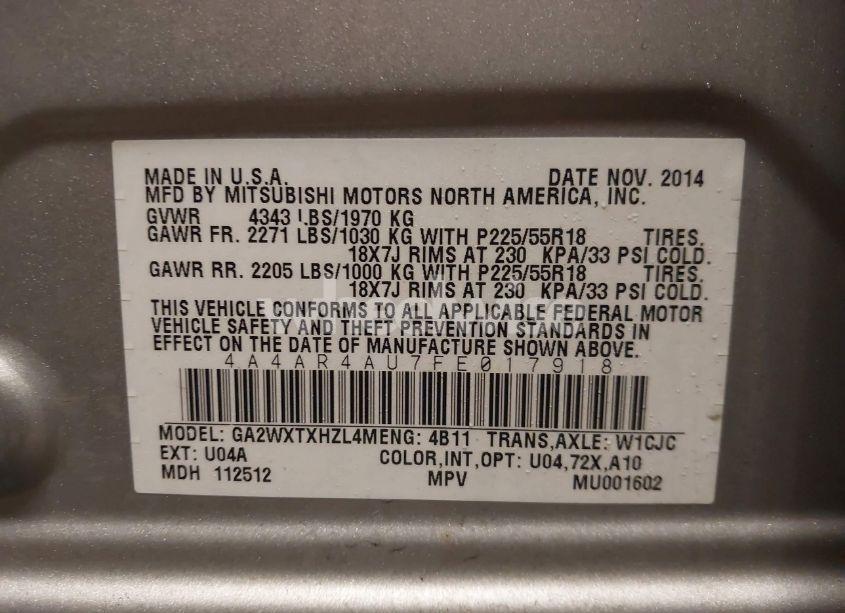 Photo 9 of 2015 Mitsubishi Outlander SPORT SE (VIN 4A4AR4AU7FE017918)