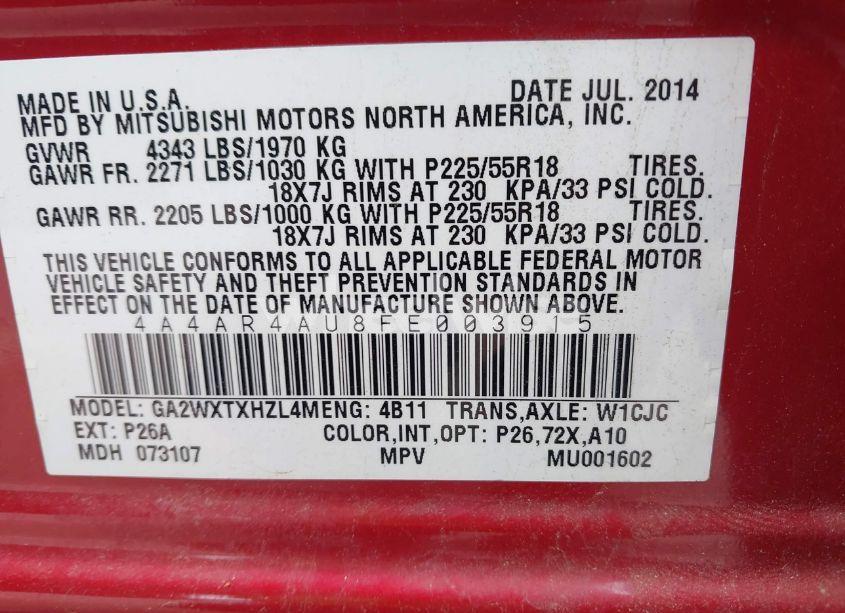 Photo 9 of 2015 Mitsubishi Outlander SPORT SE (VIN 4A4AR4AU8FE003915)