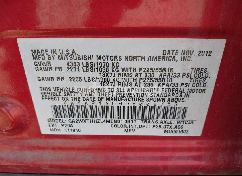 Photo 9 of 2013 Mitsubishi Outlander SPORT SE (VIN 4A4AR4AU9DE009753)