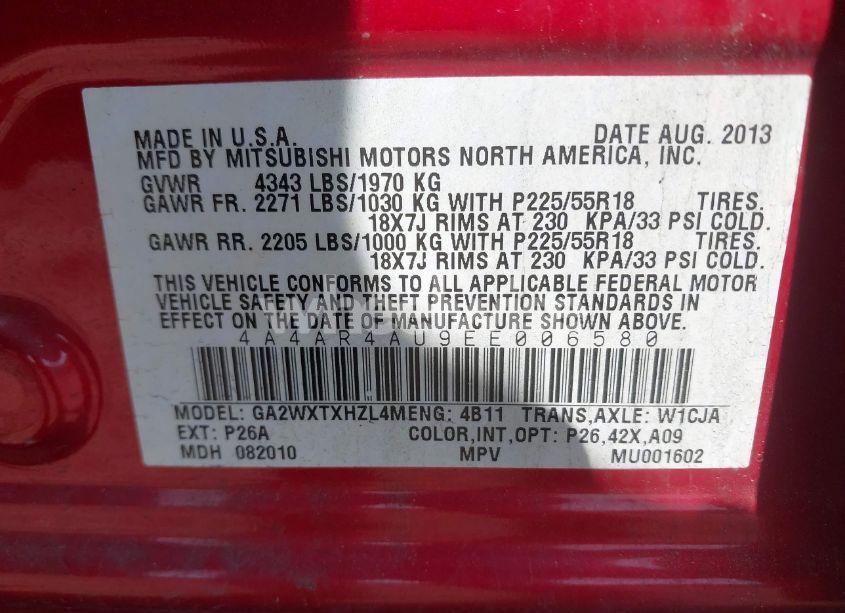 Photo 9 of 2014 Mitsubishi Outlander SPORT SE (VIN 4A4AR4AU9EE006580)