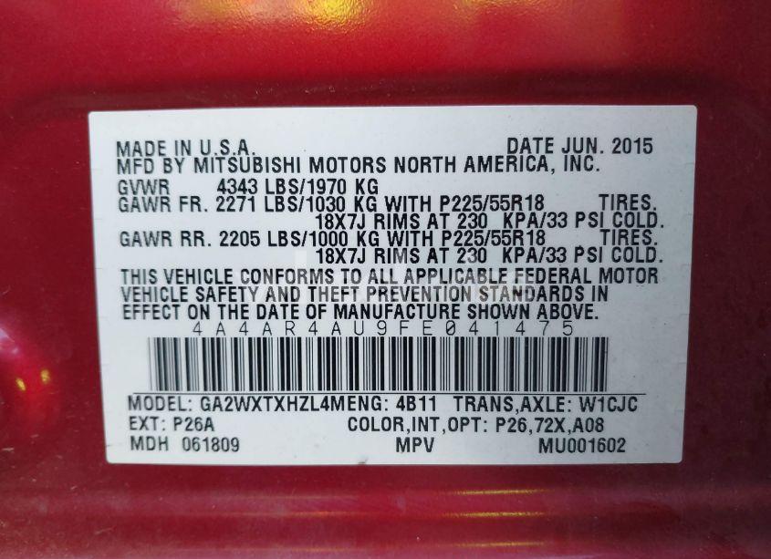 Photo 9 of 2015 Mitsubishi Outlander SPORT SE (VIN 4A4AR4AU9FE041475)