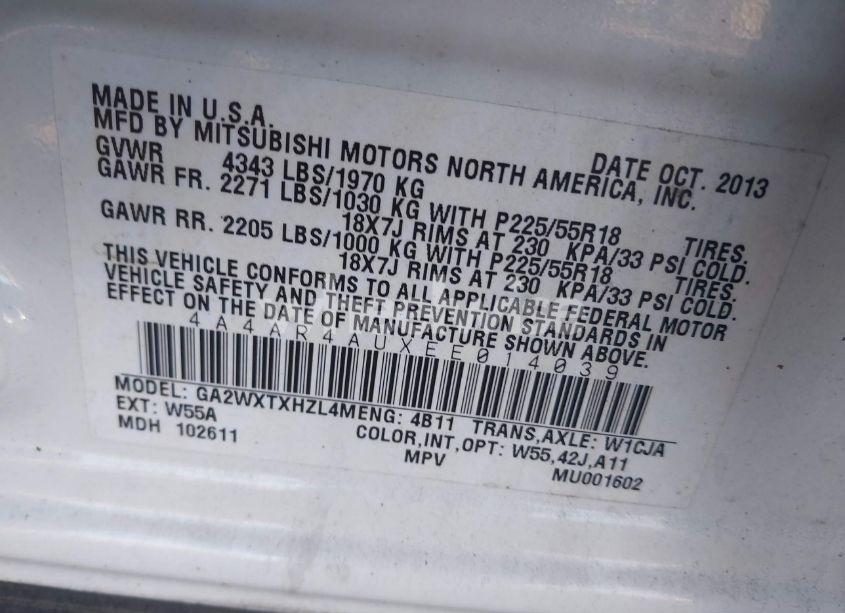 Photo 9 of 2014 Mitsubishi Outlander SPORT SE (VIN 4A4AR4AUXEE014039)