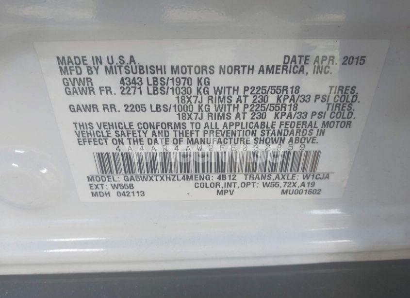 Photo 9 of 2015 Mitsubishi Outlander SPORT GT (VIN 4A4AR4AW2FE032859)