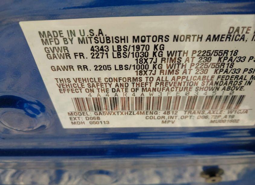 Photo 9 of 2015 Mitsubishi Outlander SPORT GT (VIN 4A4AR4AW3FE034510)