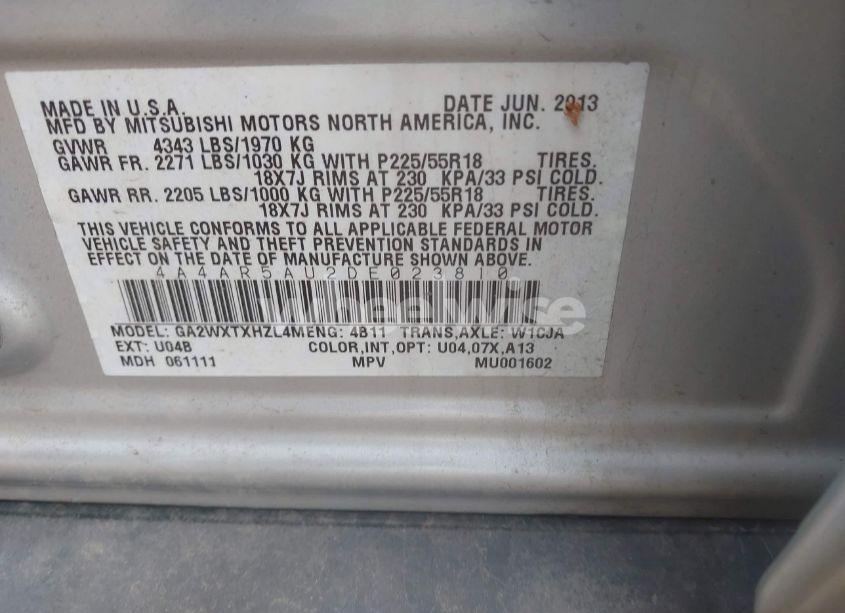 Photo 9 of 2013 Mitsubishi Outlander SPORT LE (VIN 4A4AR5AU2DE023810)