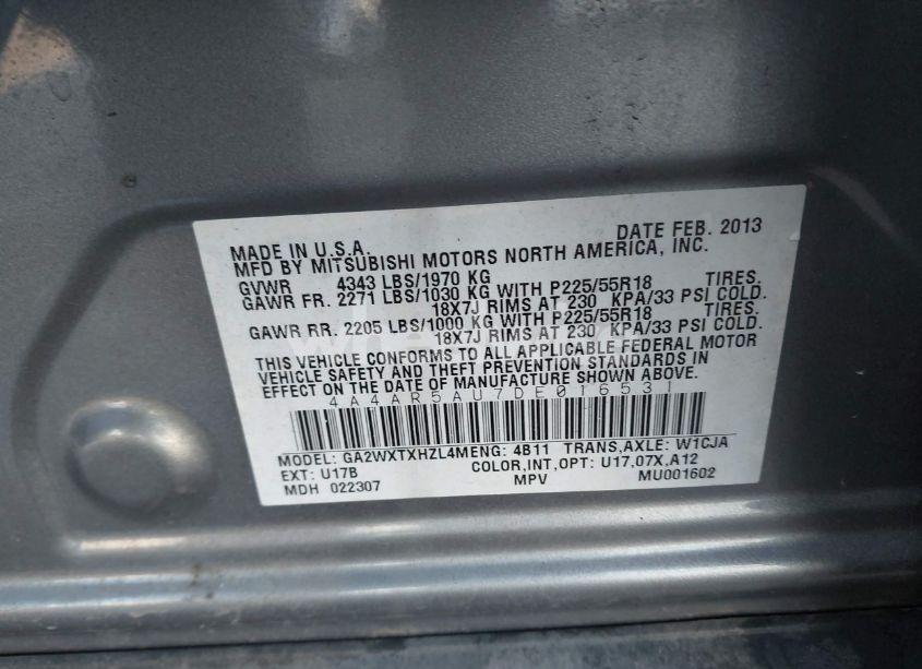 Photo 9 of 2013 Mitsubishi Outlander SPORT LE (VIN 4A4AR5AU7DE016531)