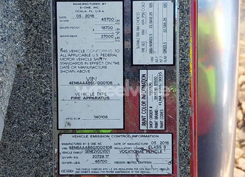 Photo 9 of 2016 Emergency One FIRETRUCK (VIN 4EN6AAA86G1000106)