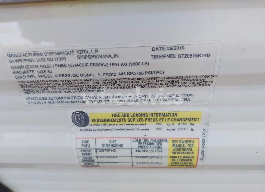 Photo 9 of 2020 K-z Inc TRAVEL TRAILER (VIN 4EZTU2624L5087705)