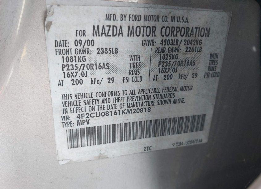 Photo 9 of 2001 Mazda Tribute ES V6/LX V6 (VIN 4F2CU08161KM20818)