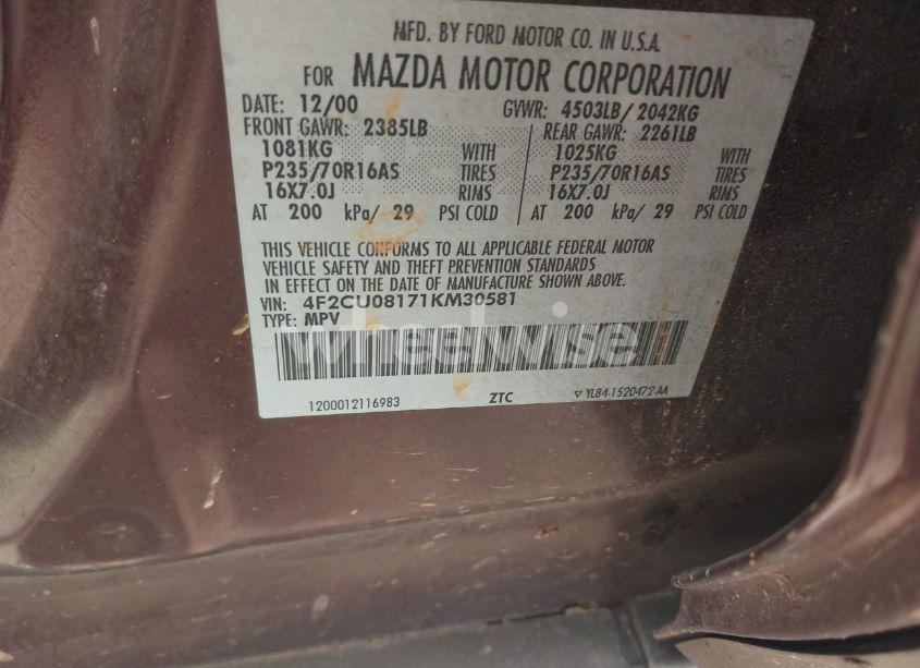 Photo 9 of 2001 Mazda Tribute ES V6/LX V6 (VIN 4F2CU08171KM30581)