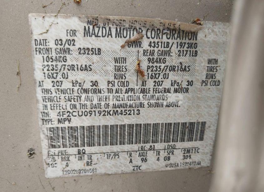 Photo 9 of 2002 Mazda Tribute ES V6/LX V6 (VIN 4F2CU09192KM45213)
