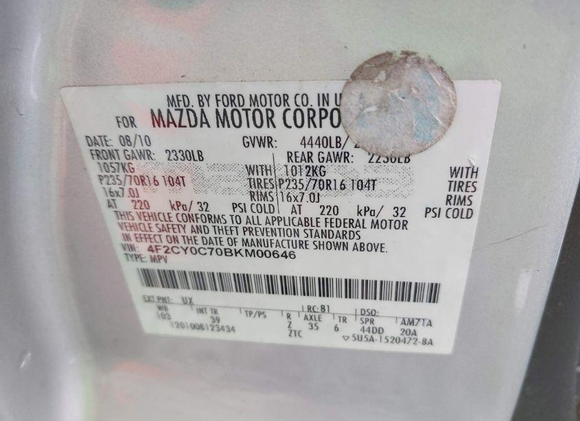 Photo 9 of 2011 Mazda Tribute I SPORT (VIN 4F2CY0C70BKM00646)