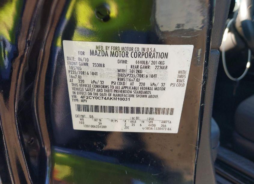 Photo 9 of 2010 Mazda Tribute I SPORT (VIN 4F2CY0C74AKM10031)