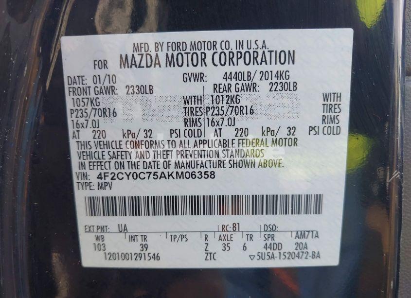 Photo 9 of 2010 Mazda Tribute I SPORT (VIN 4F2CY0C75AKM06358)